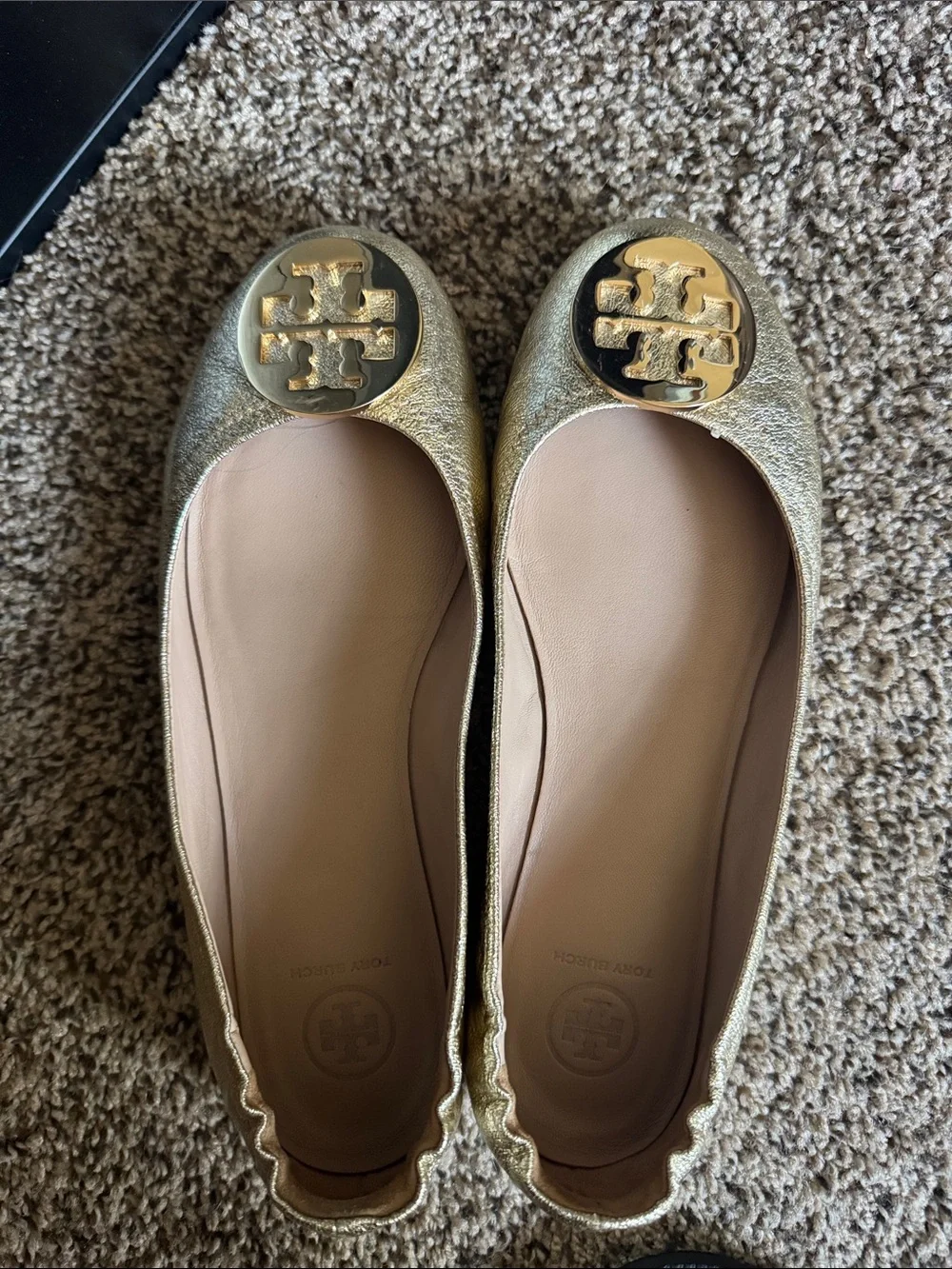 Tory Burch Metallic Gold Leather Logo Ballet Flats